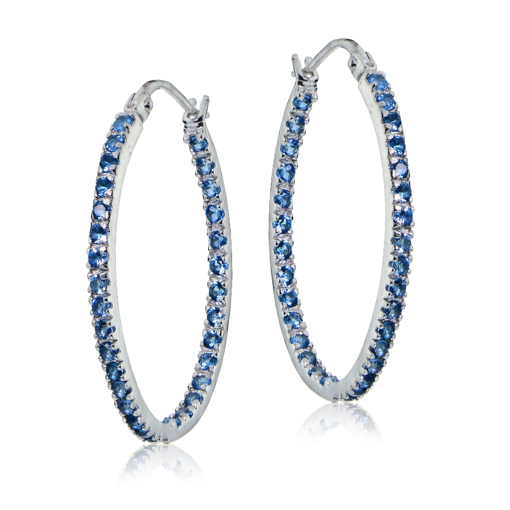 Sterling Silver Nano Created London Blue Topaz Stone Inside Out 25mm Oval Hoop Earrings-2