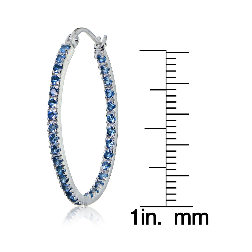 Sterling Silver Nano Created London Blue Topaz Stone Inside Out 25mm Oval Hoop Earrings-4