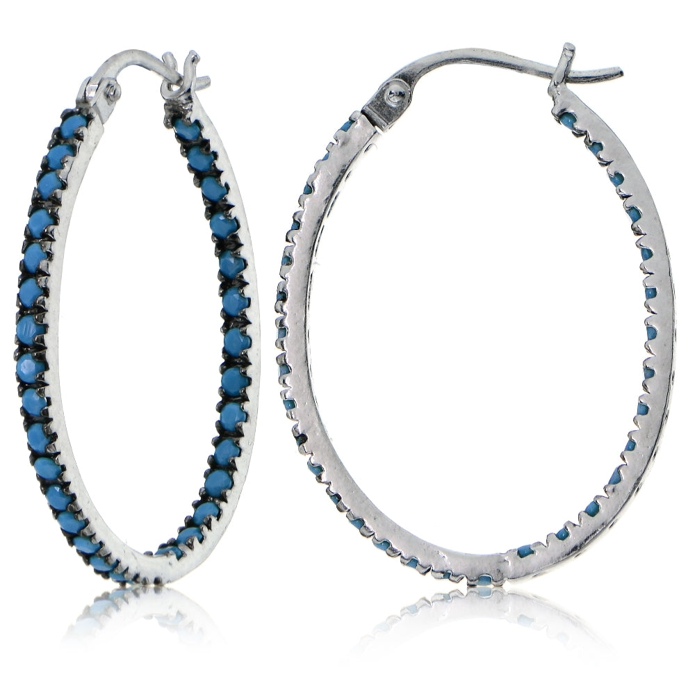 Sterling Silver Nano Created Turquoise Stone Inside Out 25mm Oval Hoop Earrings