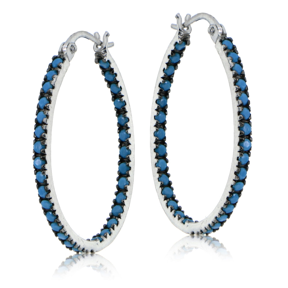 Sterling Silver Nano Created Turquoise Stone Inside Out 25mm Oval Hoop Earrings-2