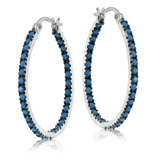 Sterling Silver Nano Created Turquoise Stone Inside Out 25mm Oval Hoop Earrings