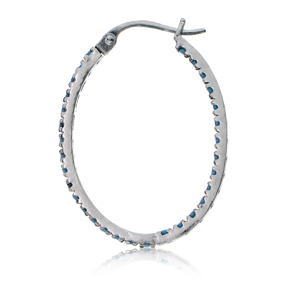 Sterling Silver Nano Created Turquoise Stone Inside Out 25mm Oval Hoop Earrings-3