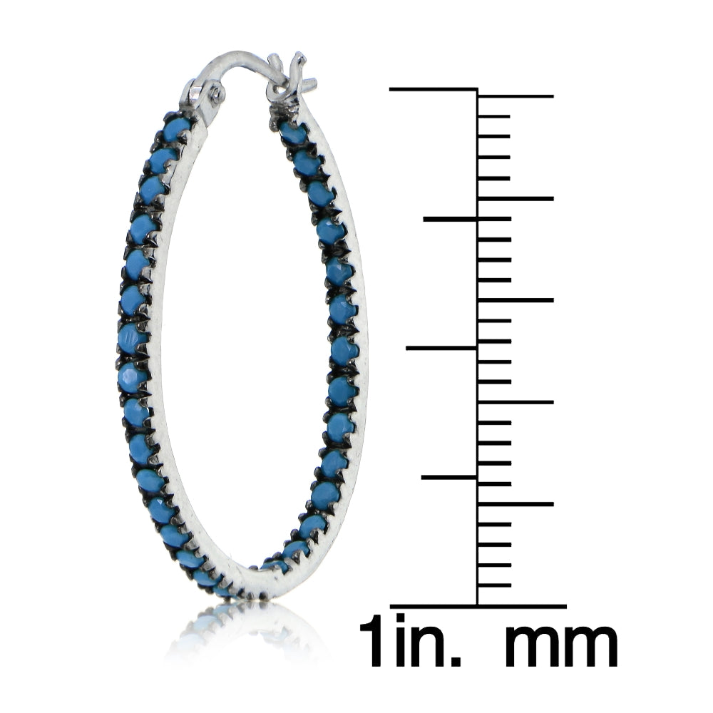 Sterling Silver Nano Created Turquoise Stone Inside Out 25mm Oval Hoop Earrings-4