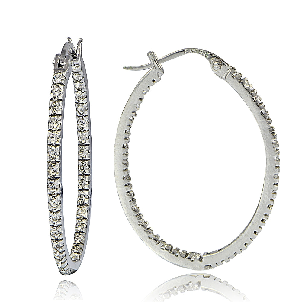 Sterling Silver Cubic Zirconia Inside Out 25mm Oval Hoop Earrings
