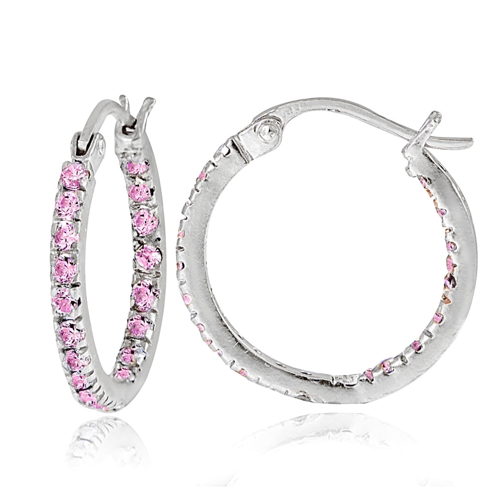 Sterling Silver Pink Cubic Zirconia Inside Out 17mm Round Hoop Earrings