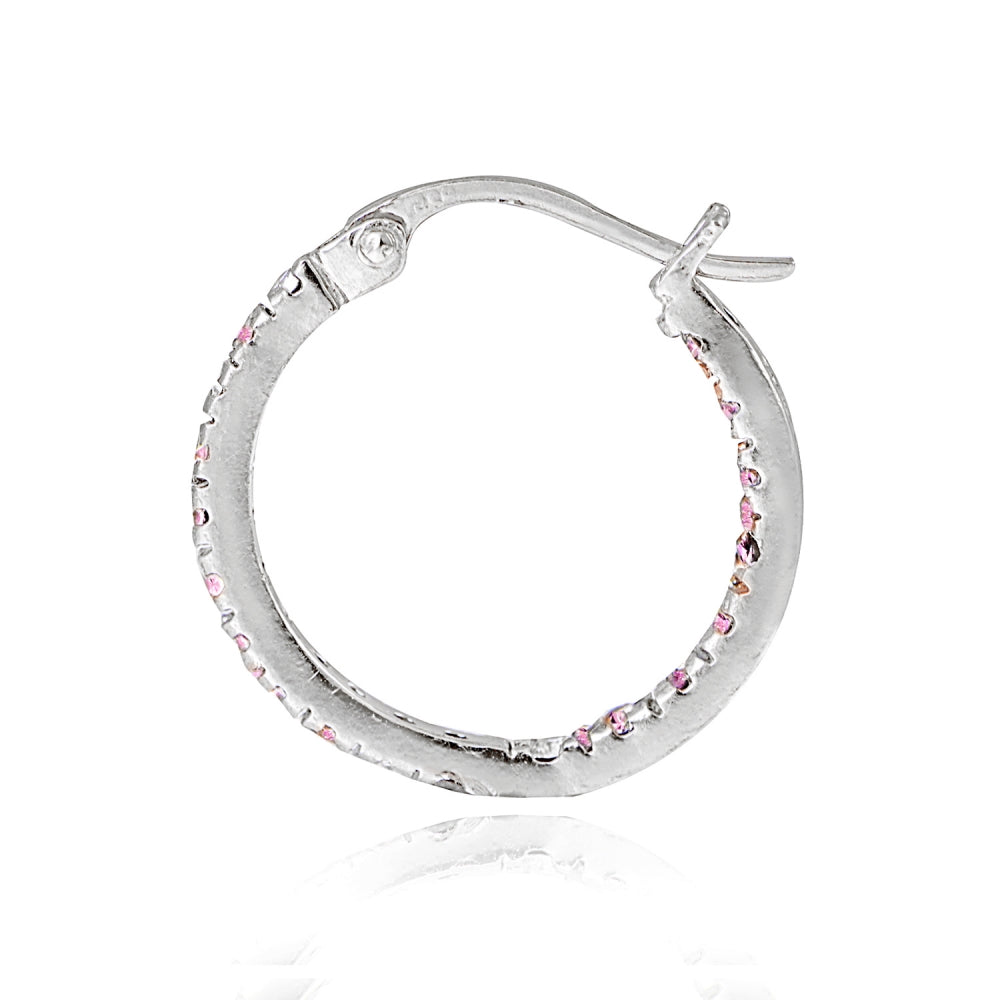Sterling Silver Pink Cubic Zirconia Inside Out 17mm Round Hoop Earrings-2