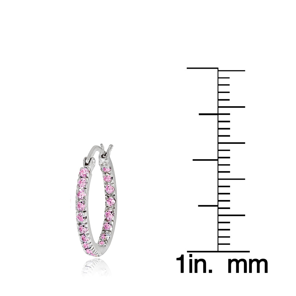 Sterling Silver Pink Cubic Zirconia Inside Out 17mm Round Hoop Earrings-3