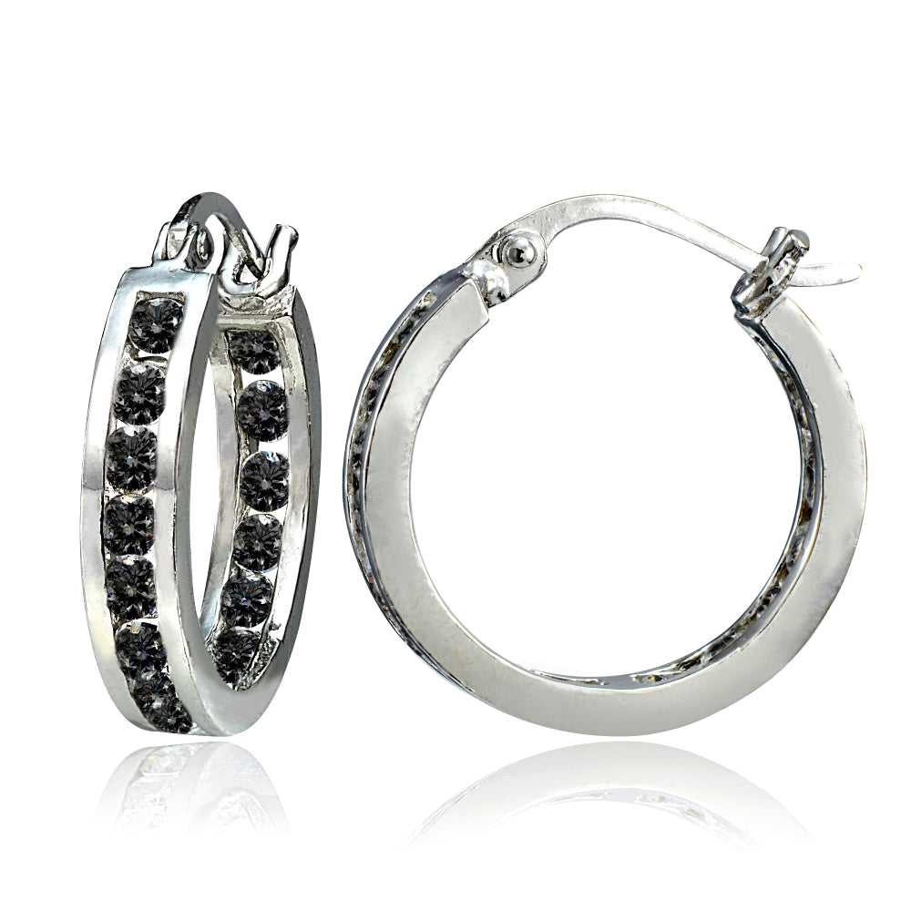 Sterling Silver Black Cubic Zirconia Inside Out Channel-Set 15mm Round Hoop Earrings