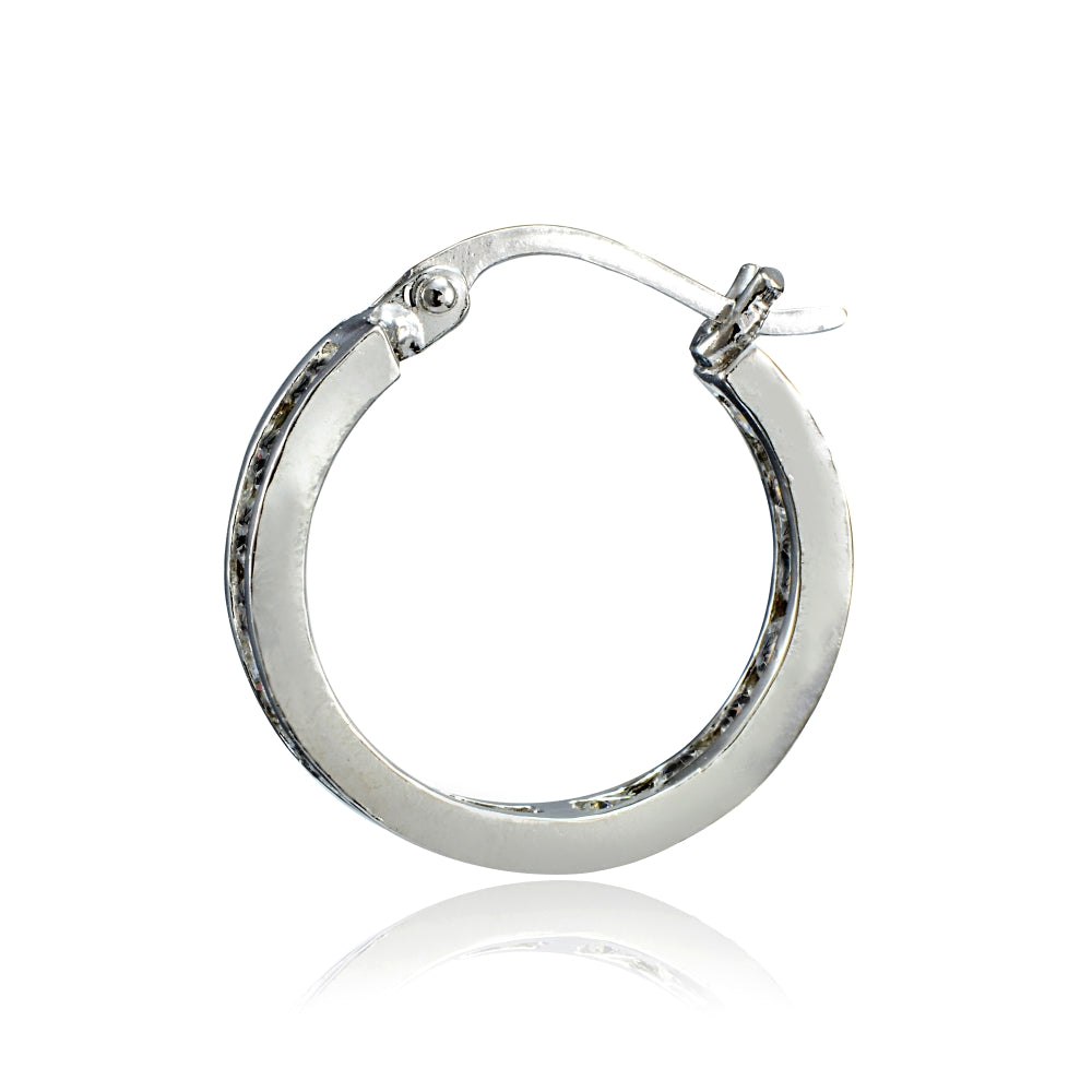 Sterling Silver Black Cubic Zirconia Inside Out Channel-Set 15mm Round Hoop Earrings-2