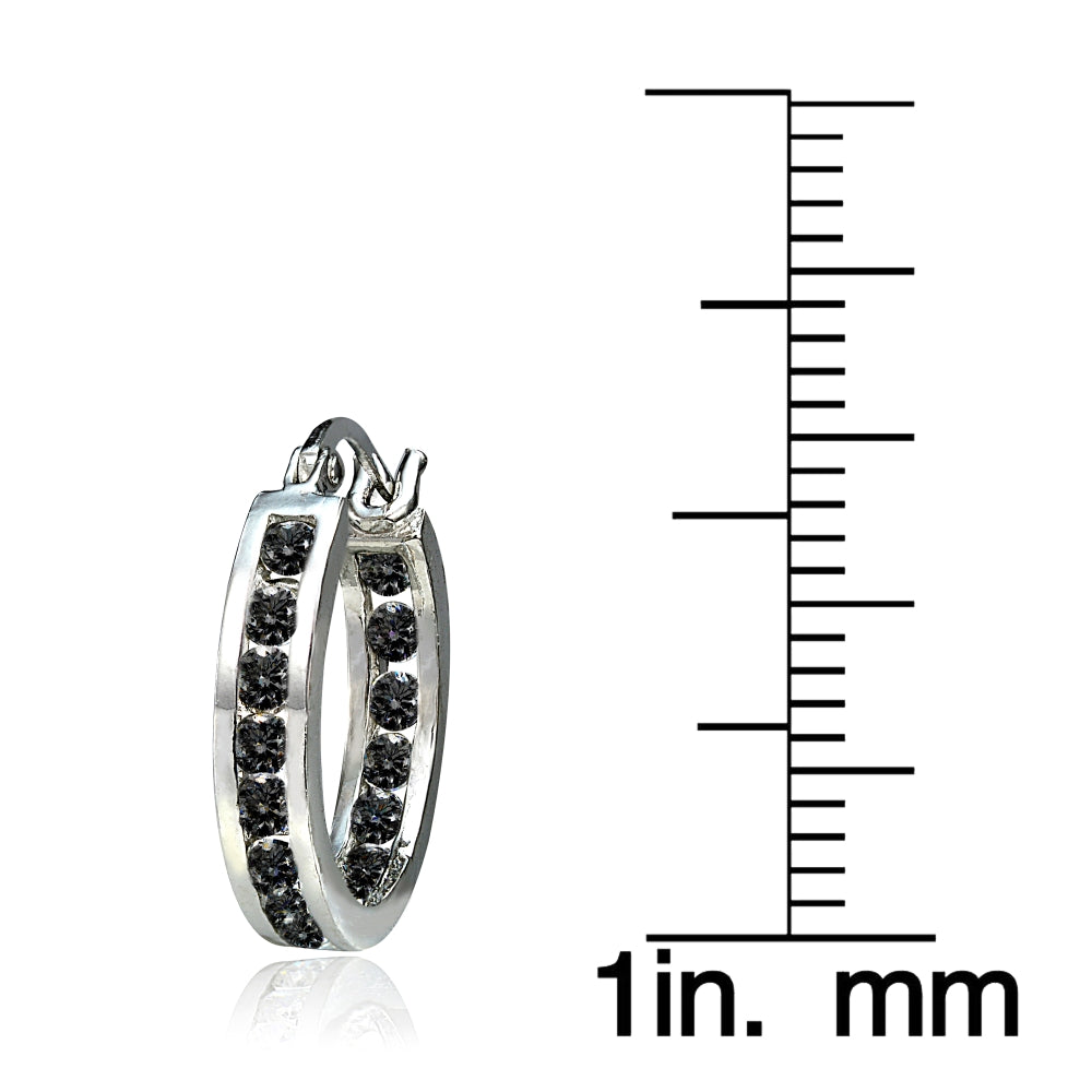Sterling Silver Black Cubic Zirconia Inside Out Channel-Set 15mm Round Hoop Earrings-3