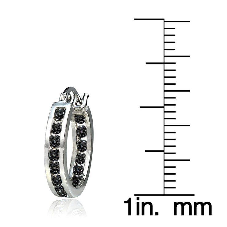 Sterling Silver Black Cubic Zirconia Inside Out Channel-Set 15mm Round Hoop Earrings