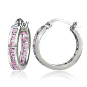 Sterling Silver Pink Cubic Zirconia Inside Out Channel-Set 15mm Round Hoop Earrings