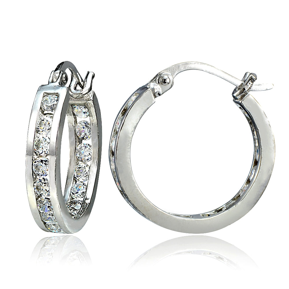 Sterling Silver Cubic Zirconia Inside Out Channel-Set 15mm Round Hoop Earrings