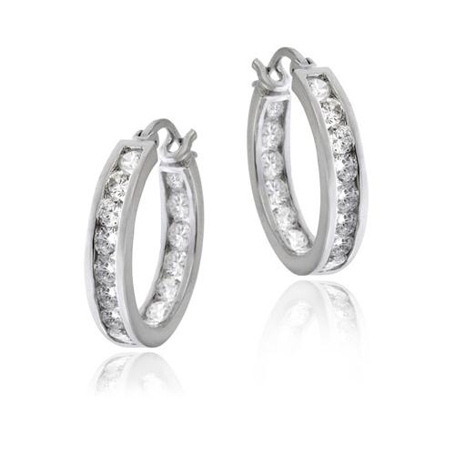 Sterling Silver Cubic Zirconia Inside Out Channel-Set 15mm Round Hoop Earrings-2