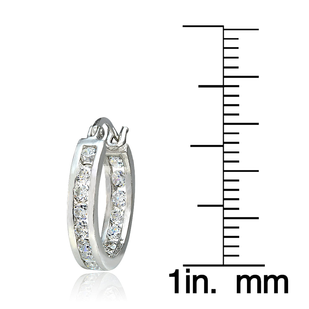 Sterling Silver Cubic Zirconia Inside Out Channel-Set 15mm Round Hoop Earrings-5