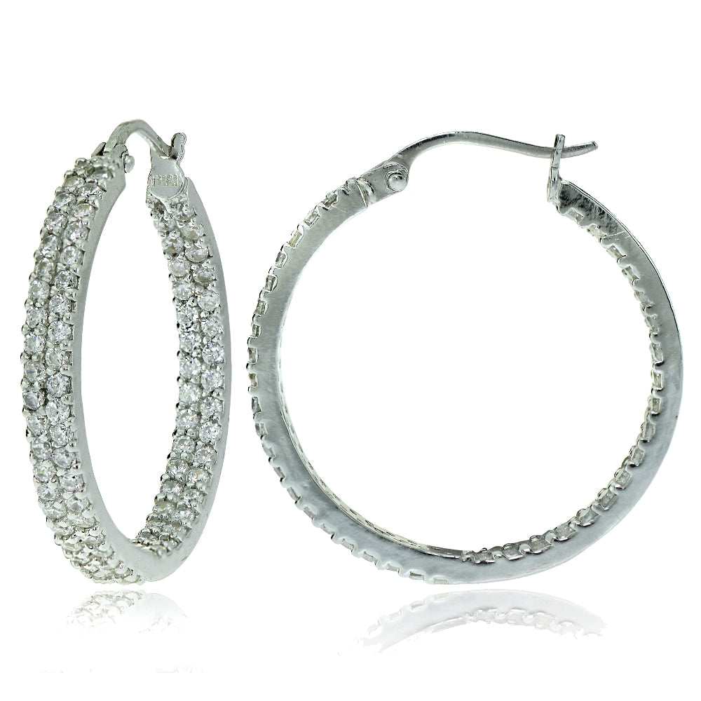 Sterling Silver Cubic Zirconia 3x25mm Two Row Inside-Out Hoop Earrings