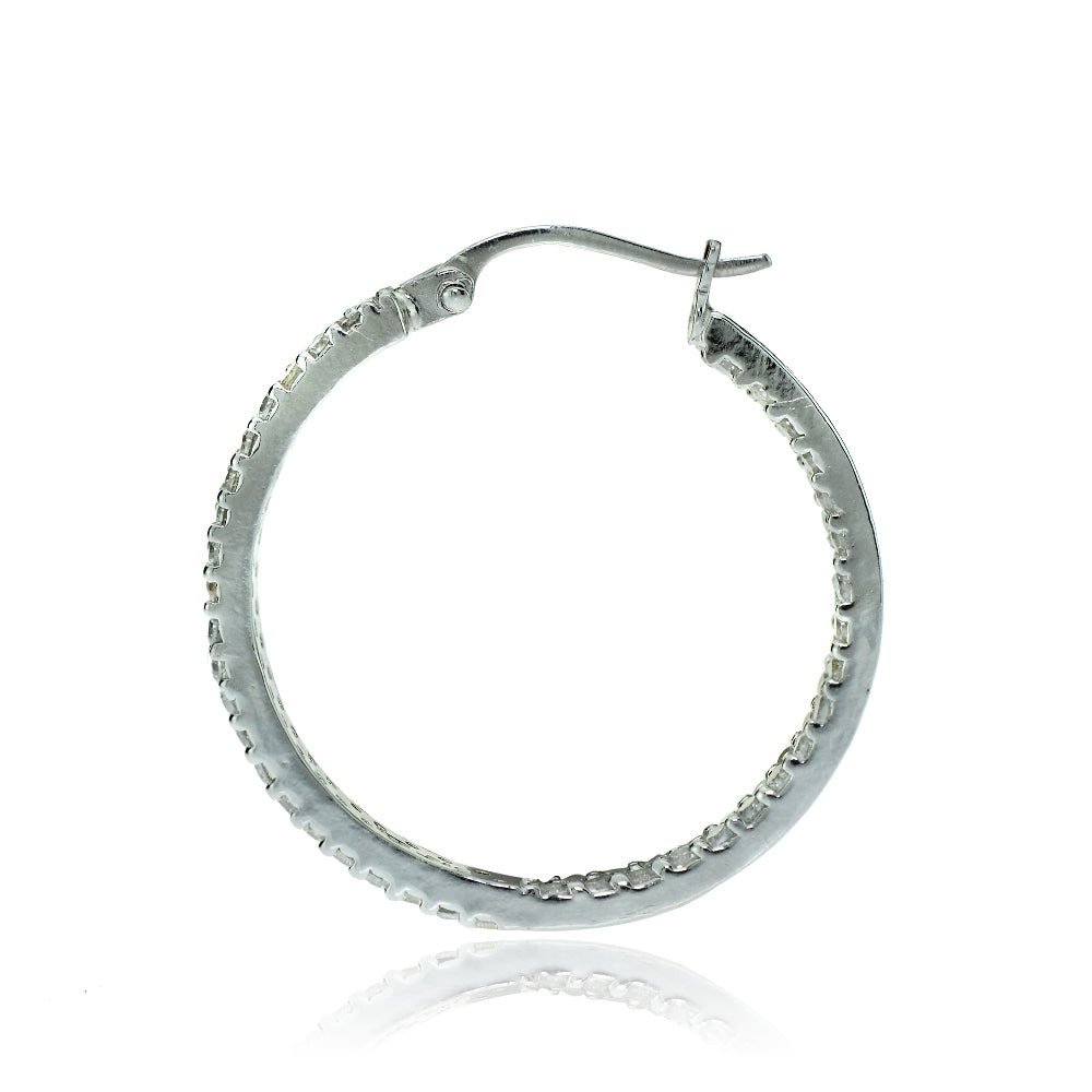 Sterling Silver Cubic Zirconia 3x25mm Two Row Inside-Out Hoop Earrings-2