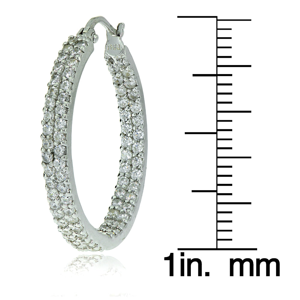 Sterling Silver Cubic Zirconia 3x25mm Two Row Inside-Out Hoop Earrings-3