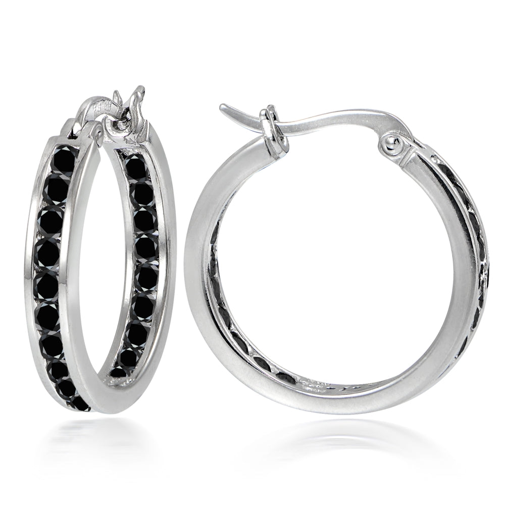 Sterling Silver Black Cubic Zirconia Inside Out Channel-Set 20mm Round Hoop Earrings