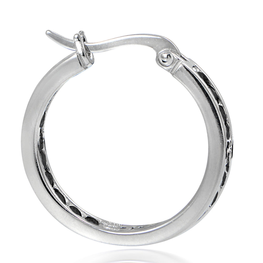 Sterling Silver Black Cubic Zirconia Inside Out Channel-Set 20mm Round Hoop Earrings-2