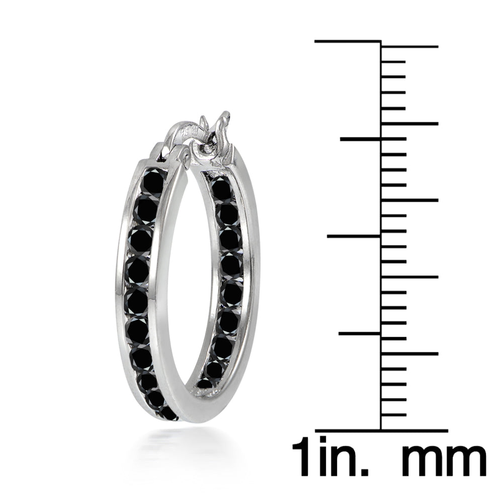 Sterling Silver Black Cubic Zirconia Inside Out Channel-Set 20mm Round Hoop Earrings-3
