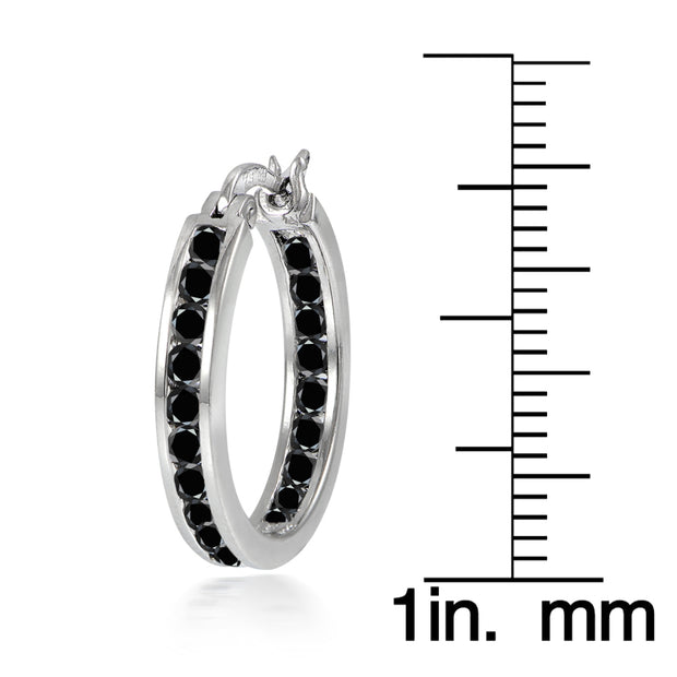 Sterling Silver Black Cubic Zirconia Inside Out Channel-Set 20mm Round Hoop Earrings