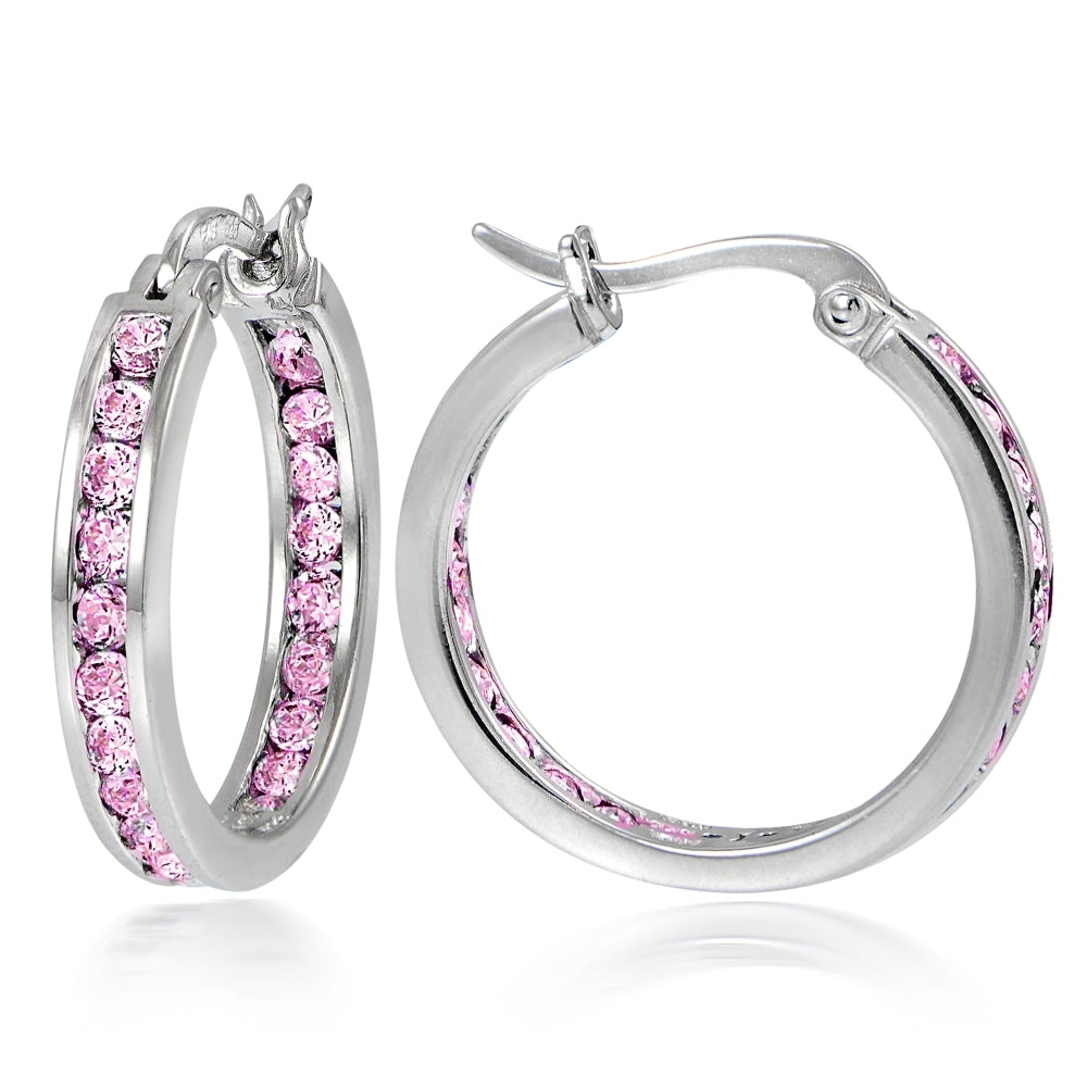 Sterling Silver Pink Cubic Zirconia Inside Out Channel-Set 20mm Round Hoop Earrings