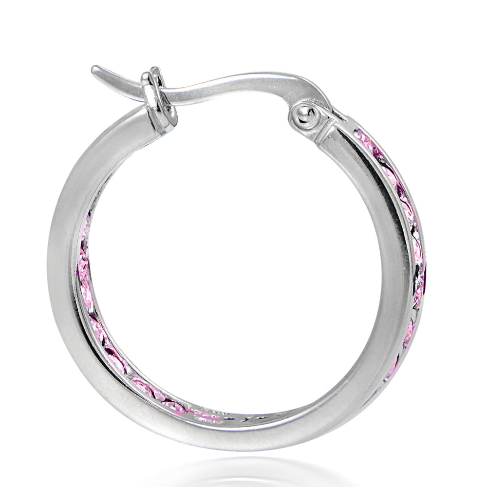 Sterling Silver Pink Cubic Zirconia Inside Out Channel-Set 20mm Round Hoop Earrings-2
