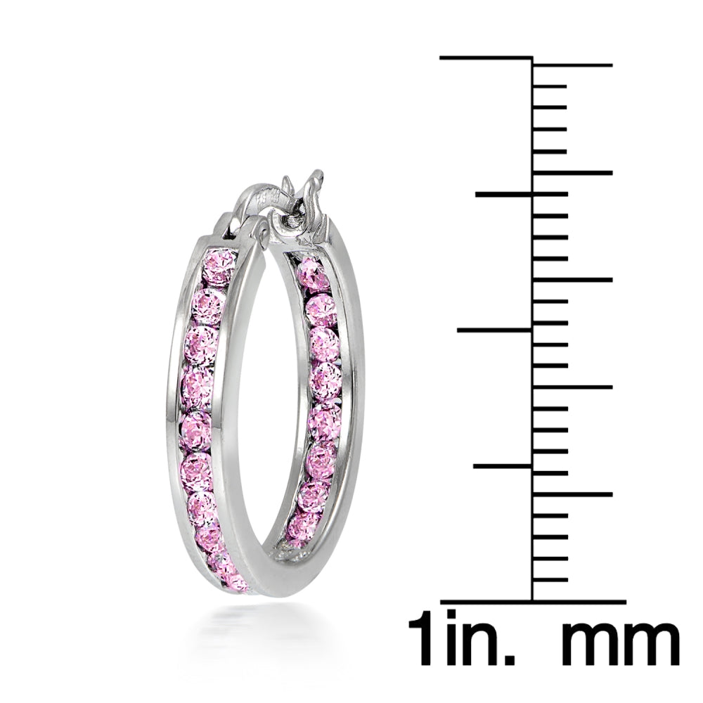 Sterling Silver Pink Cubic Zirconia Inside Out Channel-Set 20mm Round Hoop Earrings-3