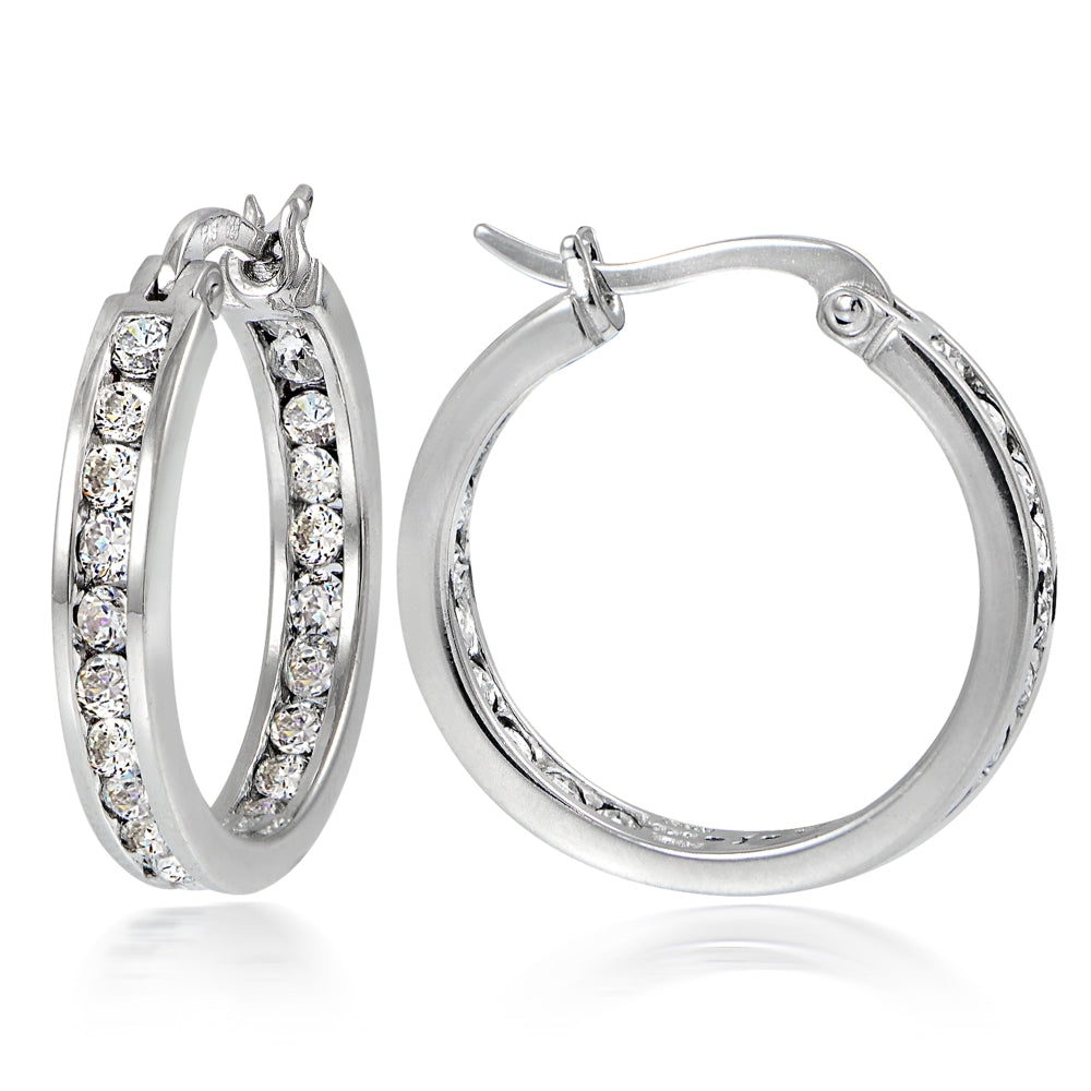 Sterling Silver Cubic Zirconia Inside Out Channel-Set 20mm Round Hoop Earrings