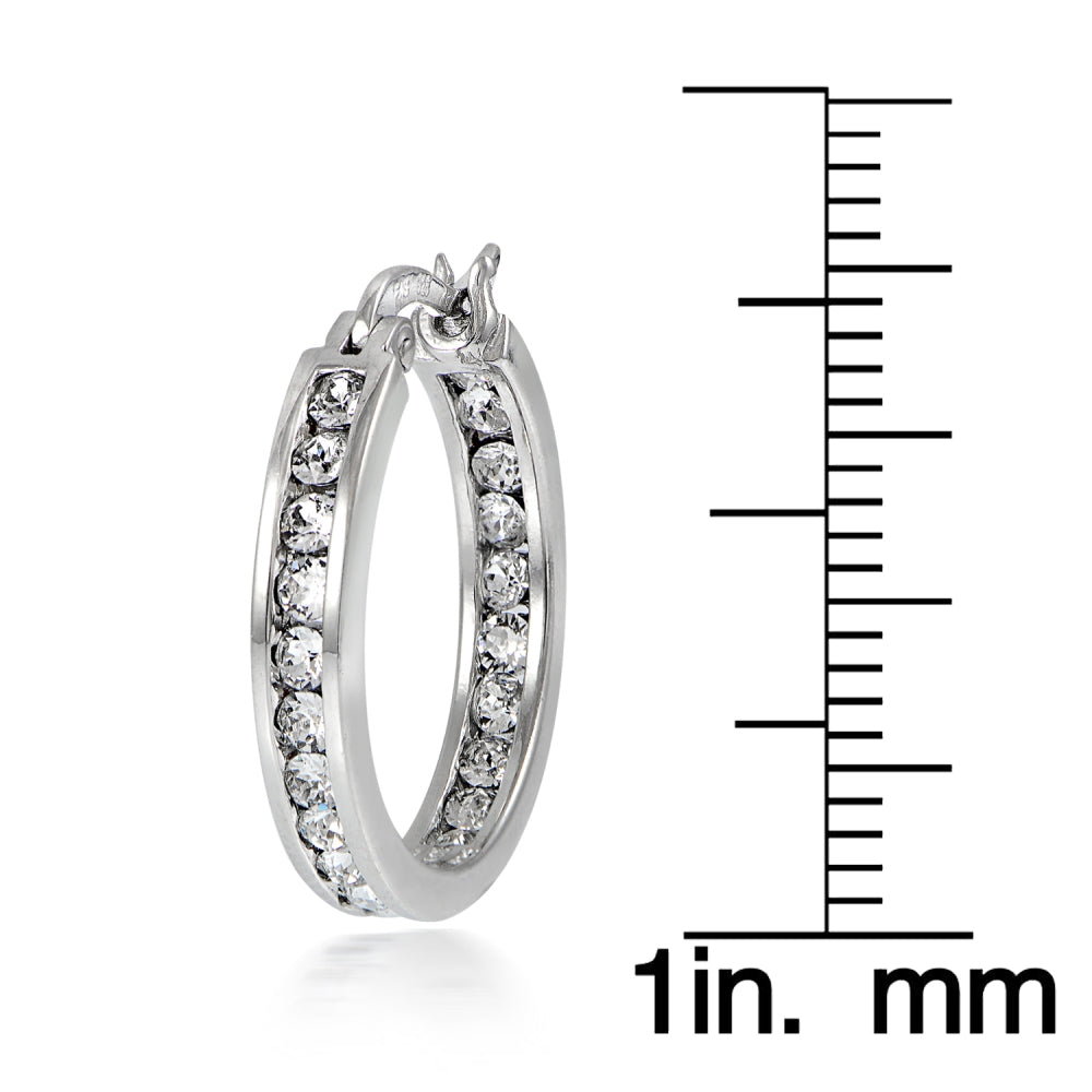 Sterling Silver Cubic Zirconia Inside Out Channel-Set 20mm Round Hoop Earrings-3