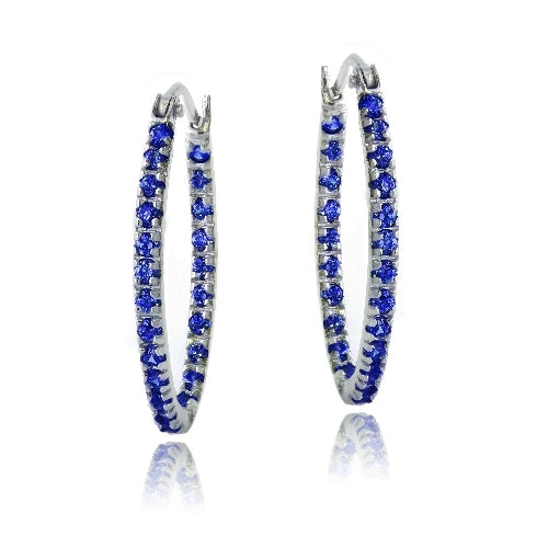 Sterling Silver Inside Out Created Blue Sapphire 22mm Oval Hoop Earrings-2
