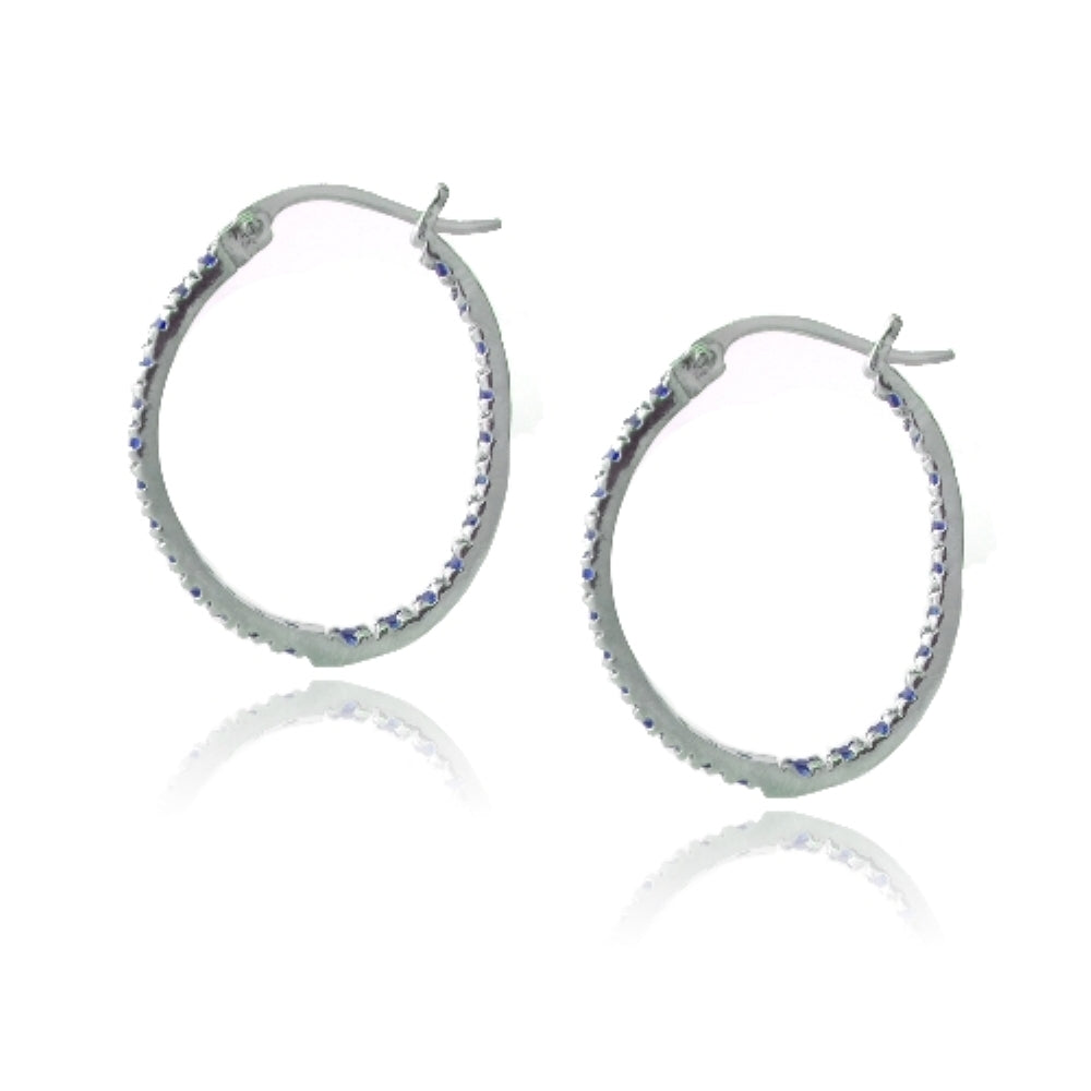 Sterling Silver Inside Out Created Blue Sapphire 22mm Oval Hoop Earrings-3