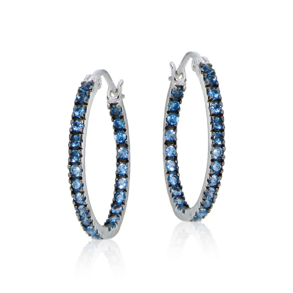 Sterling Silver Nano Created London Blue Topaz Stone Inside Out 20mm Oval Hoop Earrings-2