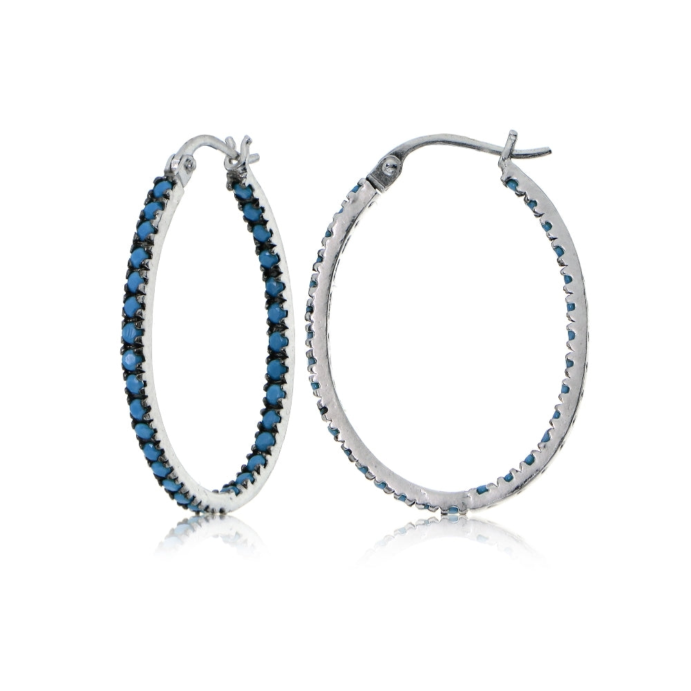 Sterling Silver Nano Created Turquoise Stone Inside Out 20mm Oval Hoop Earrings