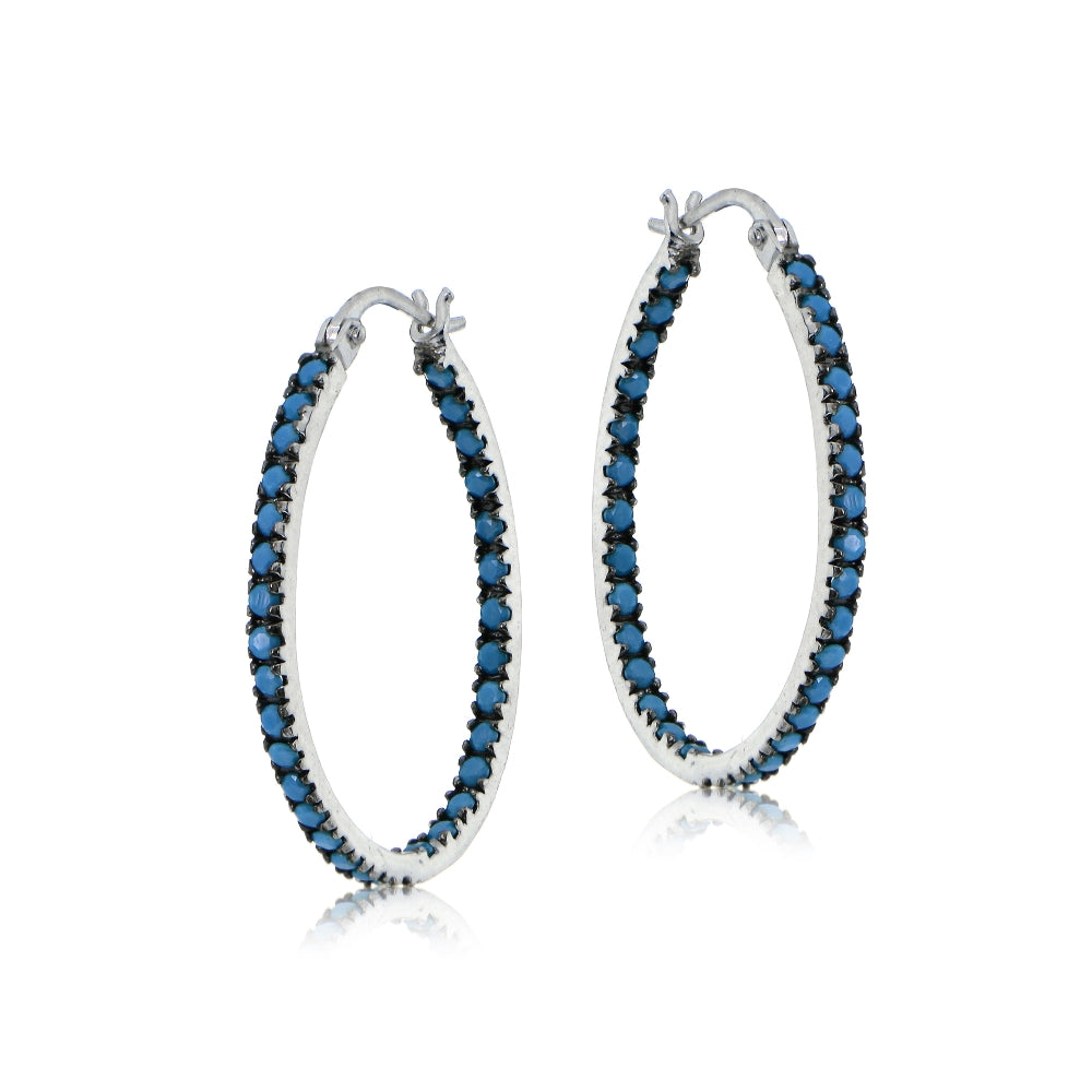 Sterling Silver Nano Created Turquoise Stone Inside Out 20mm Oval Hoop Earrings-2