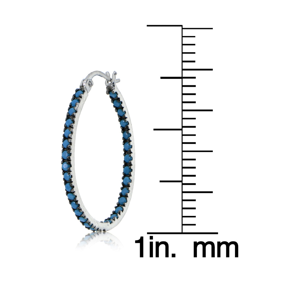 Sterling Silver Nano Created Turquoise Stone Inside Out 20mm Oval Hoop Earrings-4