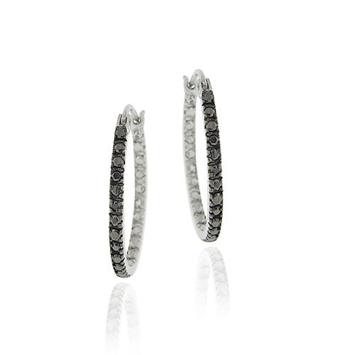 Sterling Silver Black Diamond Accent 25mm Hoop Earrings