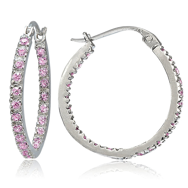 Sterling Silver Pink Cubic Zirconia Inside Out 25mm Round Hoop Earrings
