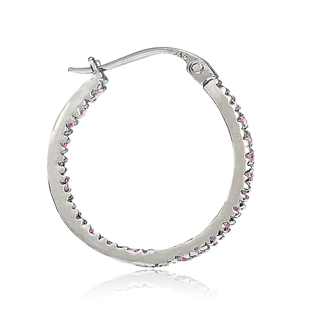 Sterling Silver Pink Cubic Zirconia Inside Out 25mm Round Hoop Earrings-2