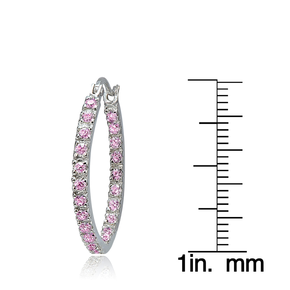 Sterling Silver Pink Cubic Zirconia Inside Out 25mm Round Hoop Earrings-3