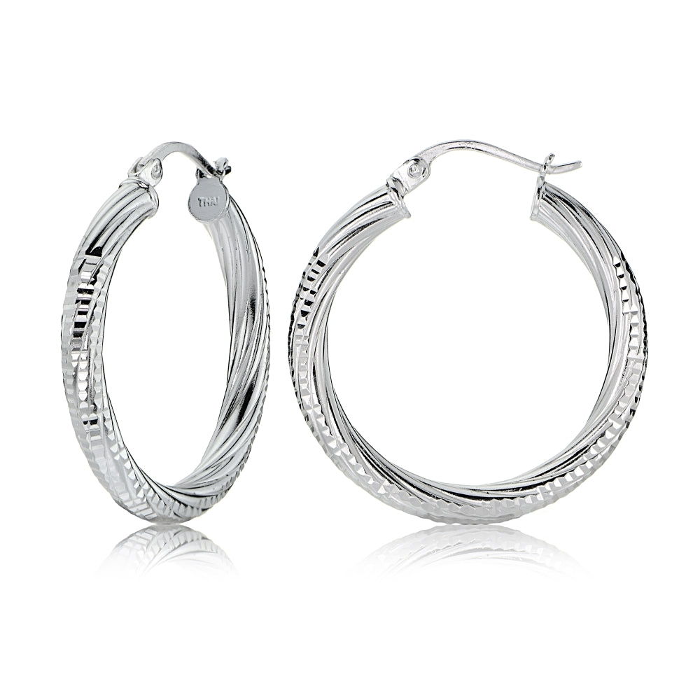 Sterling Silver 3mm Textured Twist Round Hoop Earrings, 25mm
