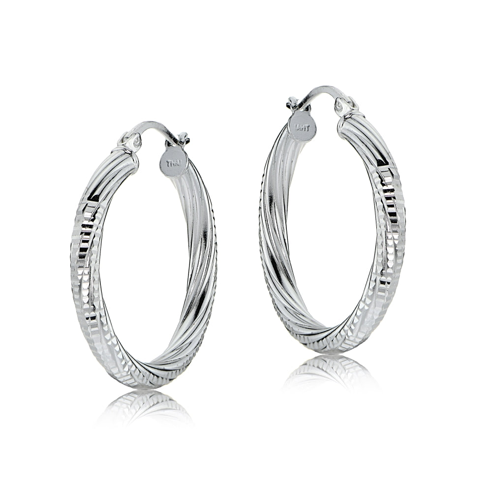 Sterling Silver 3mm Textured Twist Round Hoop Earrings, 25mm-2
