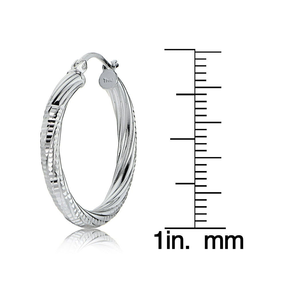 Sterling Silver 3mm Textured Twist Round Hoop Earrings, 25mm-4