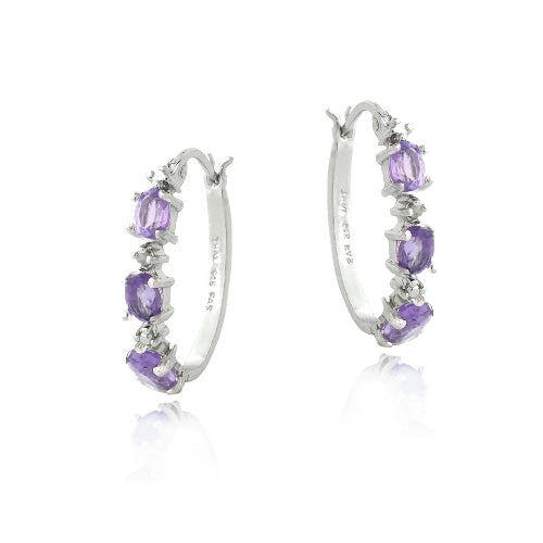 Sterling Silver Amethyst & Diamond Accent  Oval Hoop Earrings