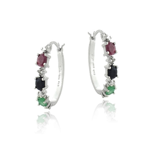 Sterling Silver Ruby, Sapphire, Emerald & Diamond Accent  Oval Hoop Earrings