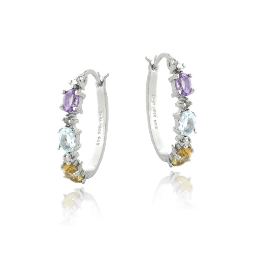 Sterling Silver Amethst, Blue Topaz, Citrine & Diamond Accent  Oval Hoop Earrings