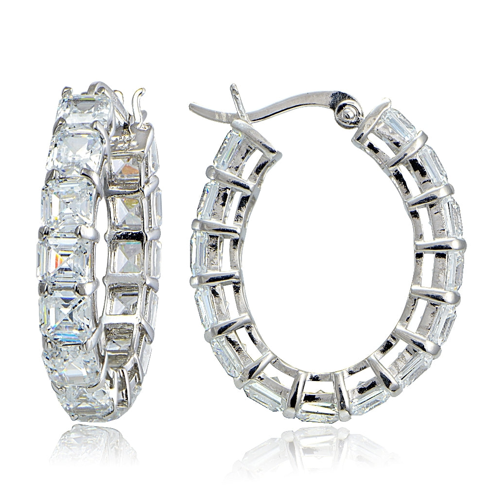 Channel Set Square C.Z. Silver Hoop Earrings main image 0