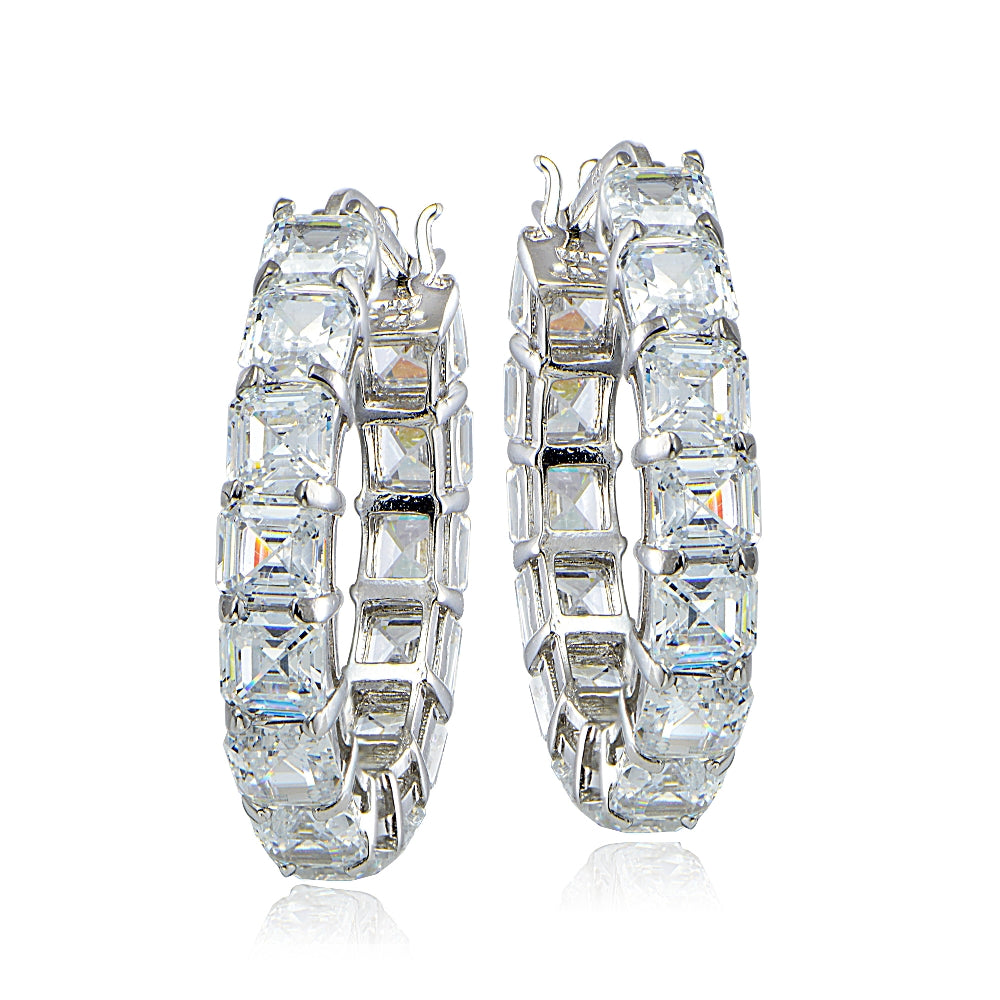 Sterling Silver 10ct Asscher Cut CZ Oval Hoop Earrings-2
