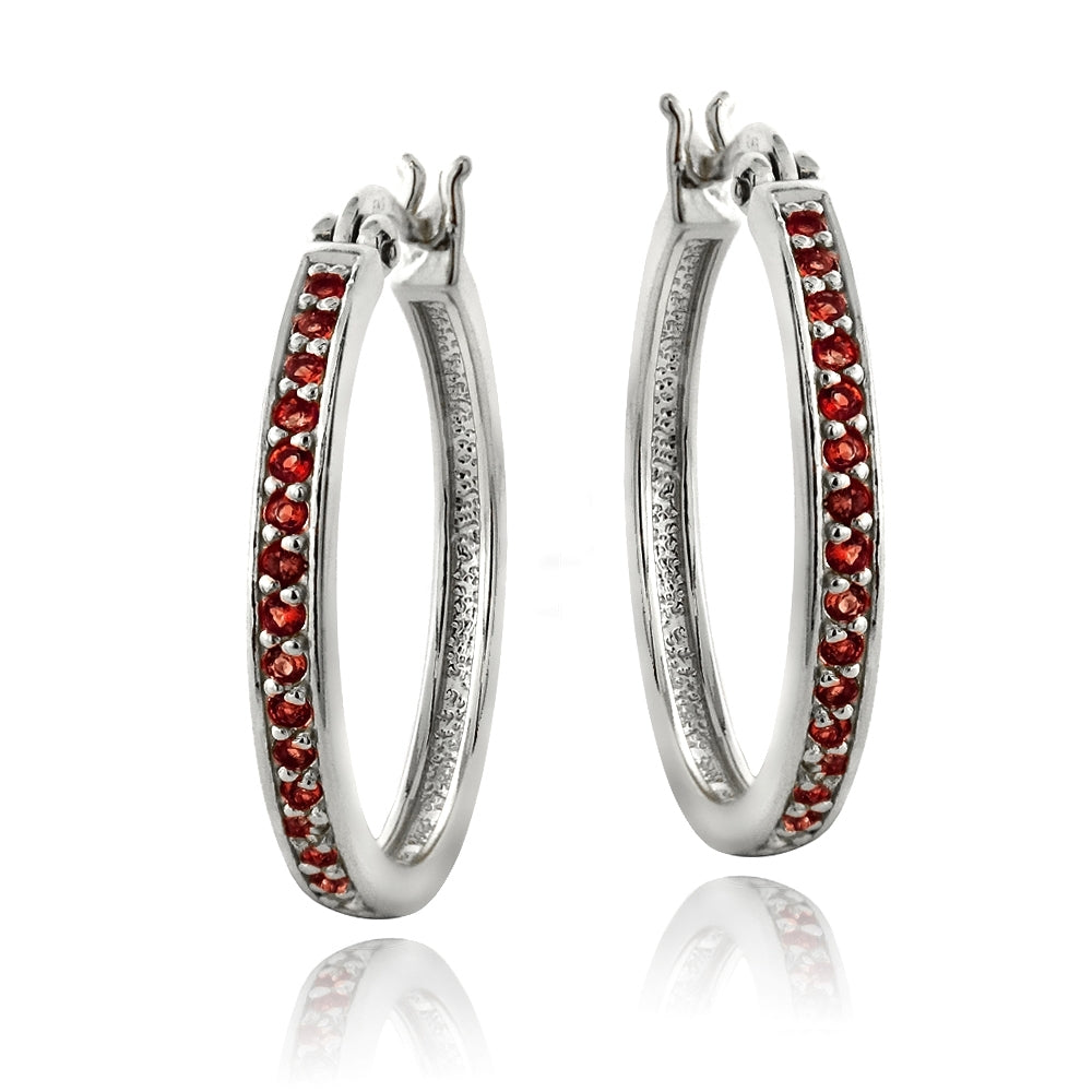 Sterling Silver Garnet 25mm Hoop Earrings